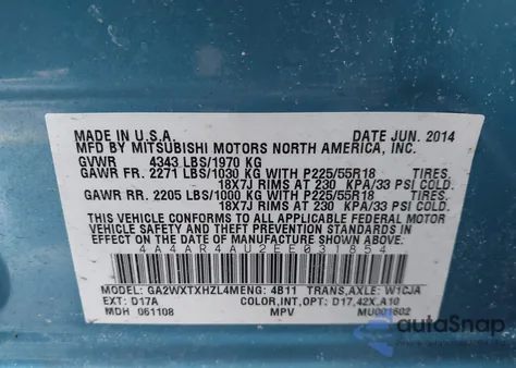 2014 Mitsubishi Outlander Sport Se z USA, uszkodzony, nr VIN 4A4AR4AU2EE031854